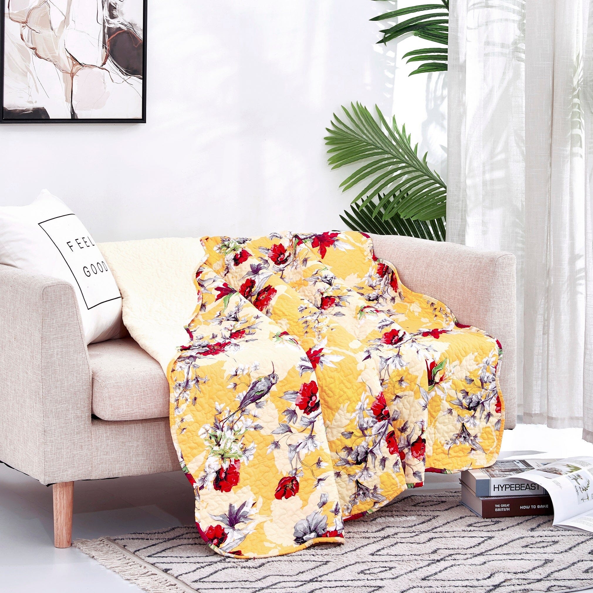DaDa Bedding Yellow Floral Quilted Throw Blanket - Hummingbirds Farmhouse Red Flowers for Couch, Sofa or Bed- Scalloped Edges - 50 x 60 - Che Cose Belle