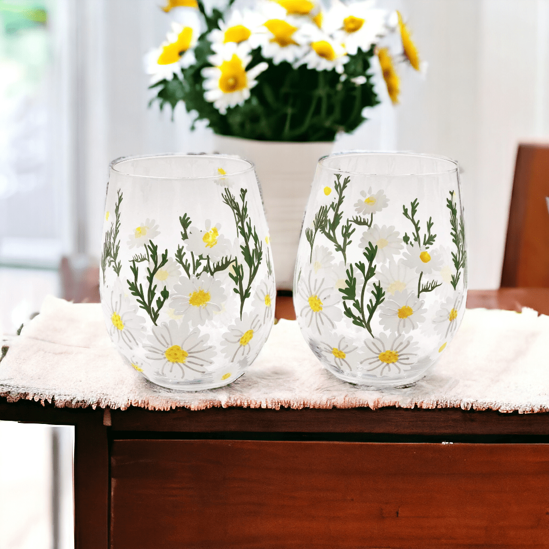 Daisy Painted Stemless Wine Glasses - Che Cose Belle
