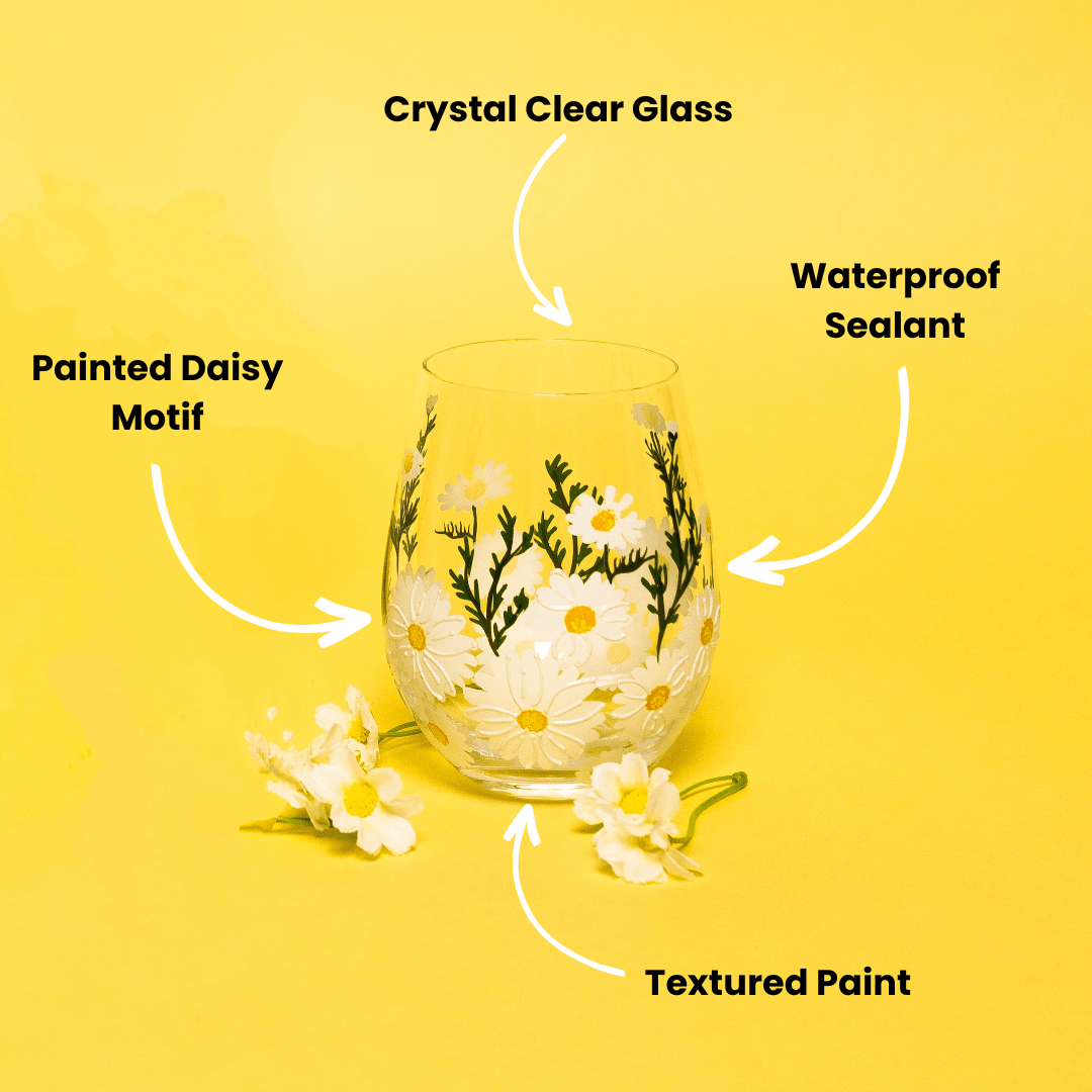 Daisy Painted Stemless Wine Glasses - Che Cose Belle
