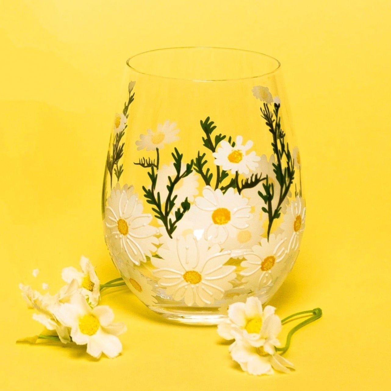 Daisy Painted Stemless Wine Glasses - Che Cose Belle