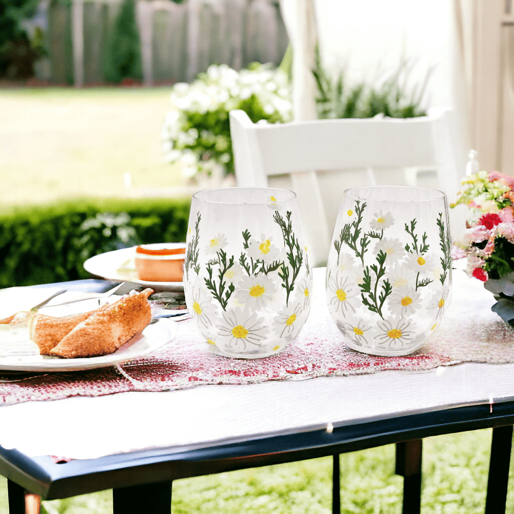 Daisy Painted Stemless Wine Glasses - Che Cose Belle