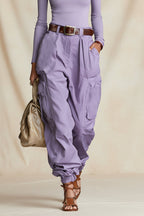 Women's High-Waist Cargo Parachute Pants with Elastic Ankle Cuffs
