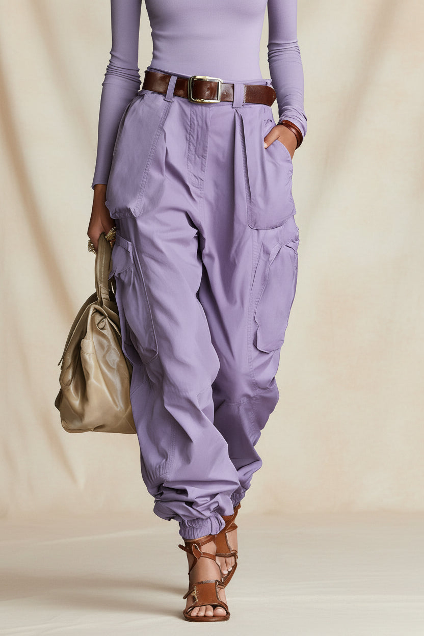 Women's High-Waist Cargo Parachute Pants with Elastic Ankle Cuffs