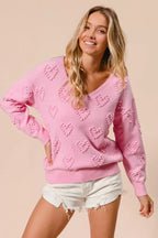 BiBi Valentines Heart Pompom V Neck Knit Top