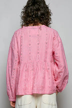 POL Eyelet Lace Split Neck Gathered Empire Waist Cotton Blouse