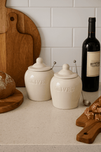 Debossed Stoneware Olive Jars with Slotted Spoon – Set of 2 - Che Cose Belle