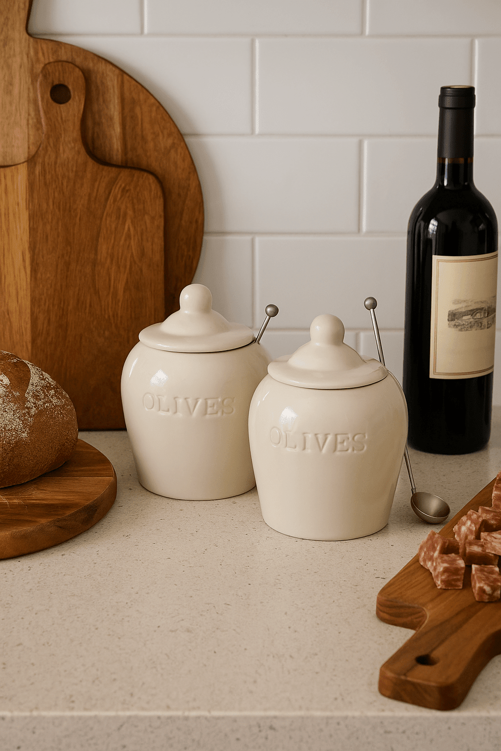 Debossed Stoneware Olive Jars with Slotted Spoon – Set of 2 - Che Cose Belle