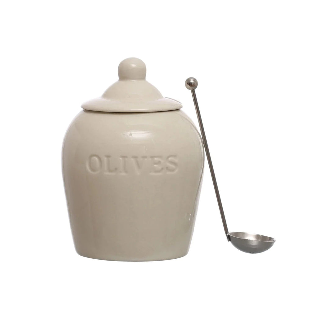 Debossed Stoneware Olive Jars with Slotted Spoon – Set of 2 - Che Cose Belle