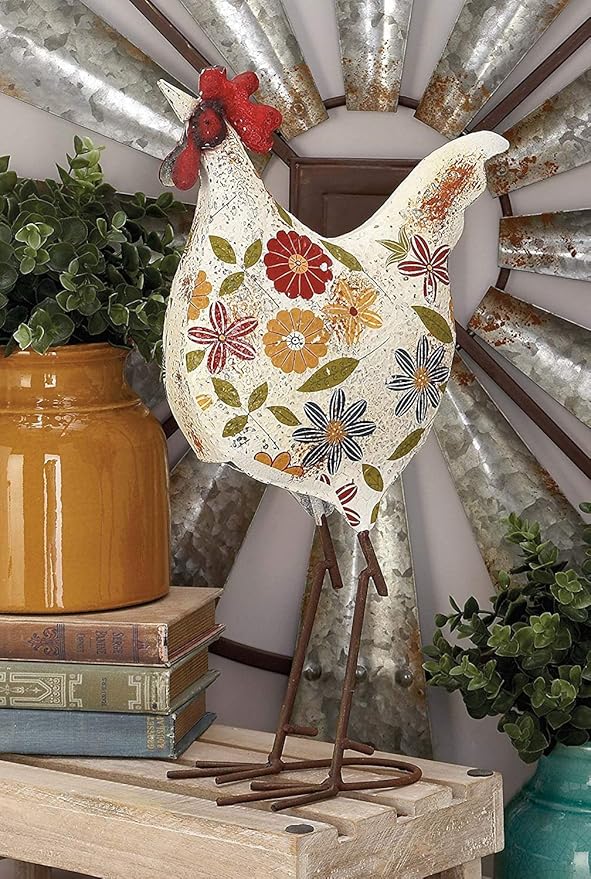 Deco 79 Metal Rooster Decorative Garden Sculpture Indoor Outdoor Distressed Standing Garden Statue with U Shaped Feet, Outdoor Sculpture 10" x 5" x 17", Cream - Che Cose Belle