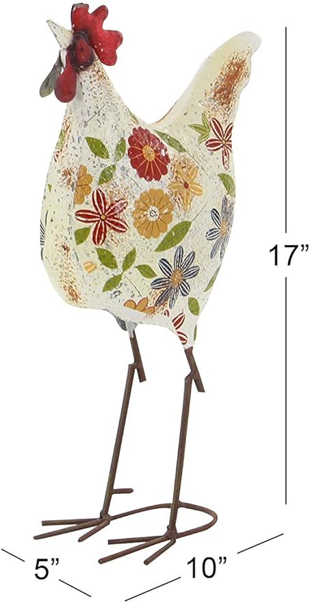 Deco 79 Metal Rooster Decorative Garden Sculpture Indoor Outdoor Distressed Standing Garden Statue with U Shaped Feet, Outdoor Sculpture 10" x 5" x 17", Cream - Che Cose Belle