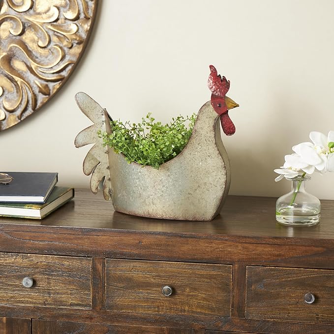 Deco 79 Metal Rooster Indoor Outdoor Planter Large Planter Pot, Planter 12" x 8" x 16", Gray - Che Cose Belle