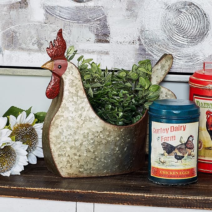 Deco 79 Metal Rooster Indoor Outdoor Planter Large Planter Pot, Planter 12" x 8" x 16", Gray - Che Cose Belle