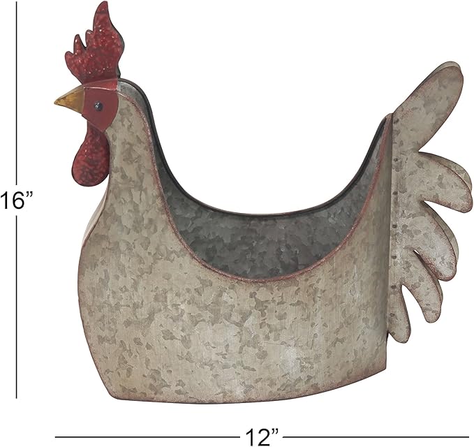 Deco 79 Metal Rooster Indoor Outdoor Planter Large Planter Pot, Planter 12" x 8" x 16", Gray - Che Cose Belle