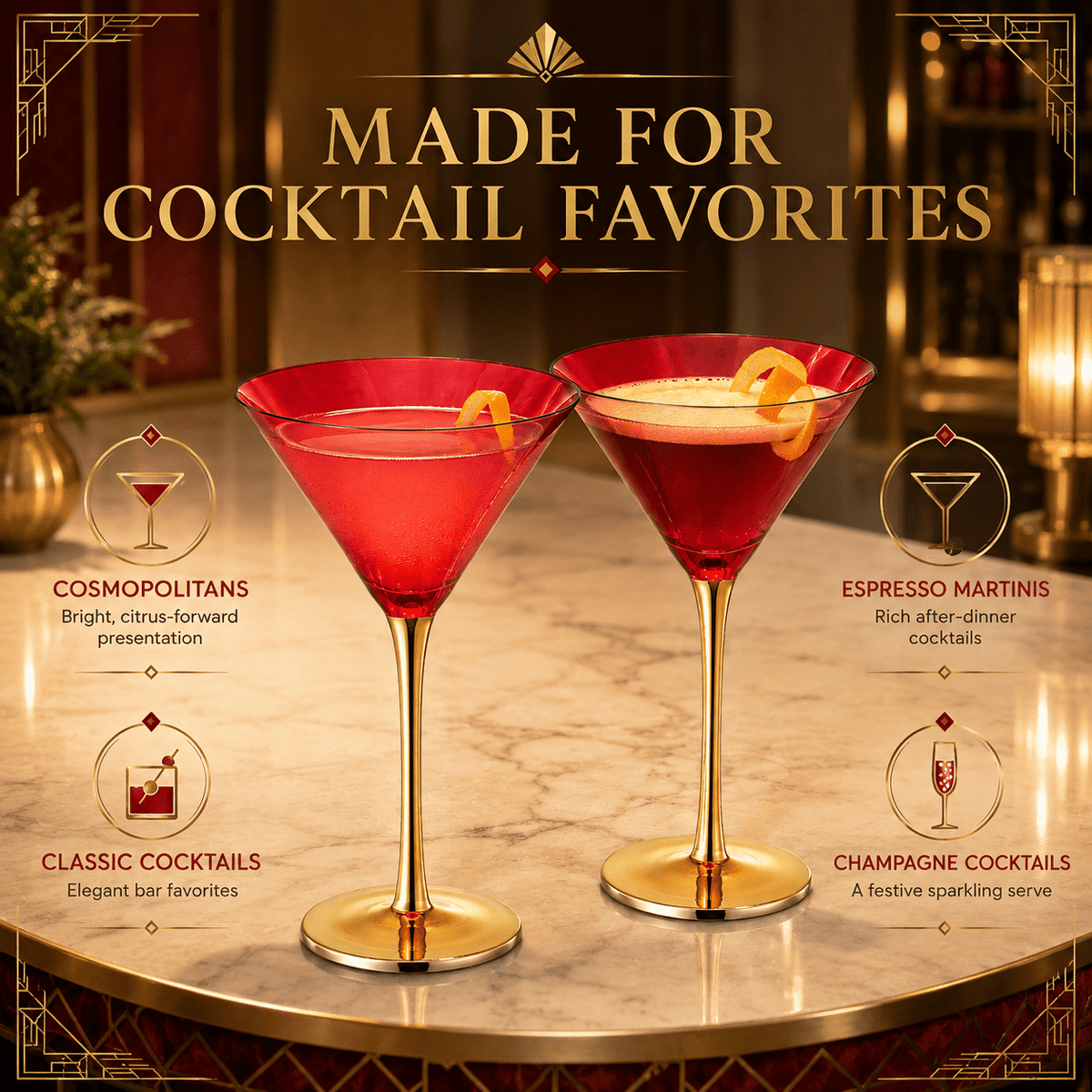 Deco Martini Cocktail Glassware, Set of 2 - Che Cose Belle