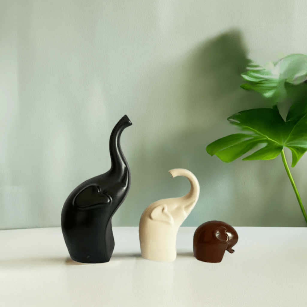 Decorative Elephant Ceramic Figurines set of 3 Black Brown and Off White - Che Cose Belle
