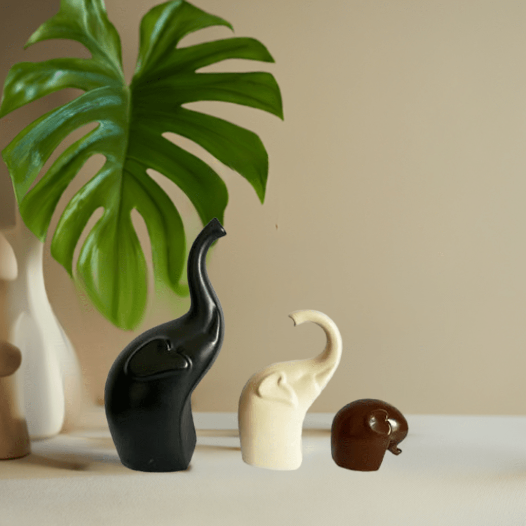 Decorative Elephant Ceramic Figurines set of 3 Black Brown and Off White - Che Cose Belle