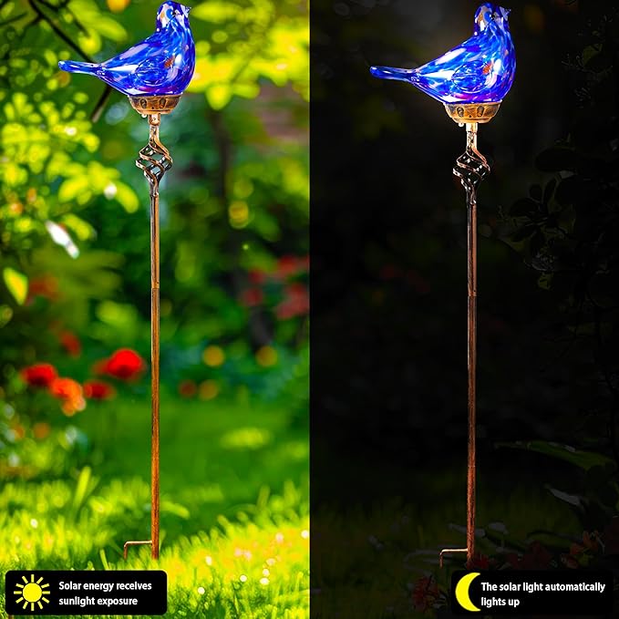 Decorative Solar Lights, Outdoor Solar Bird Stake Lights, Hand Blown Glass Decorative Garden Pathway Lights Outdoor Waterproof Glass Stakes (Dark Blue) - Che Cose Belle