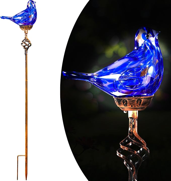 Decorative Solar Lights, Outdoor Solar Bird Stake Lights, Hand Blown Glass Decorative Garden Pathway Lights Outdoor Waterproof Glass Stakes (Dark Blue) - Che Cose Belle