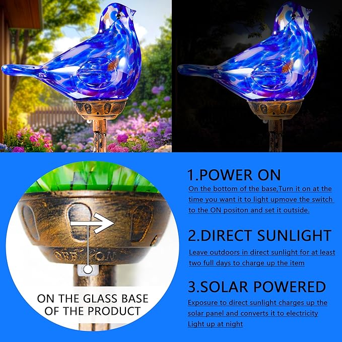 Decorative Solar Lights, Outdoor Solar Bird Stake Lights, Hand Blown Glass Decorative Garden Pathway Lights Outdoor Waterproof Glass Stakes (Dark Blue) - Che Cose Belle