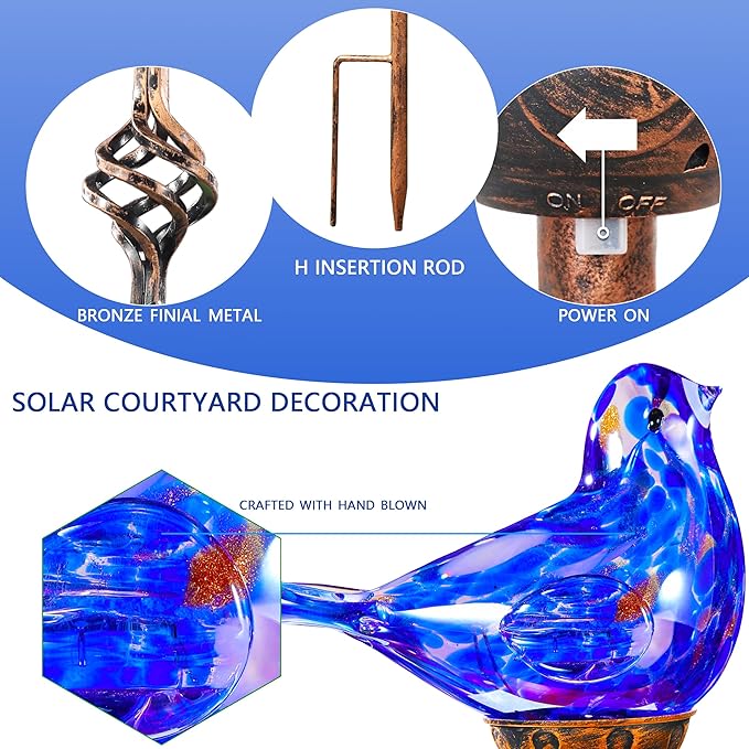 Decorative Solar Lights, Outdoor Solar Bird Stake Lights, Hand Blown Glass Decorative Garden Pathway Lights Outdoor Waterproof Glass Stakes (Dark Blue) - Che Cose Belle