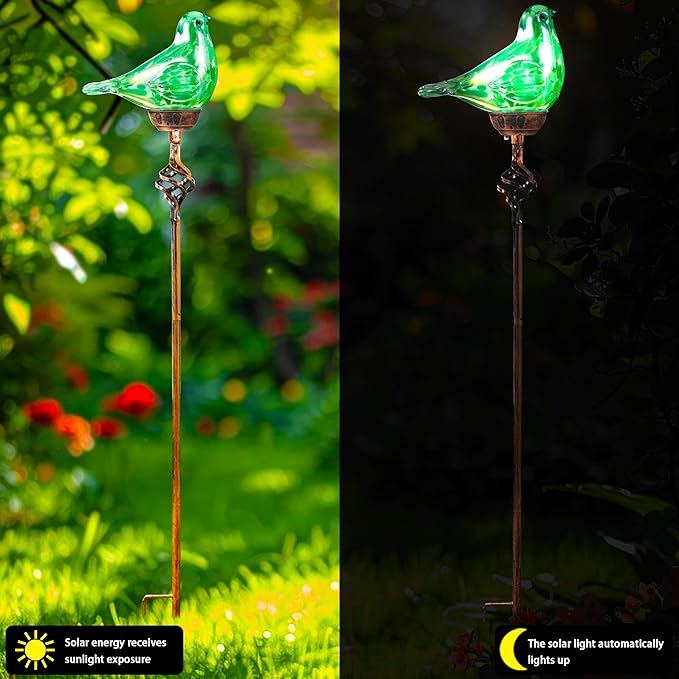 Decorative Solar Lights Outdoor Solar Bird Stake Lights Hand Blown Glass Decorative Garden Pathway Lights Outdoor Waterproof Glass Stakes (Green) - Che Cose Belle