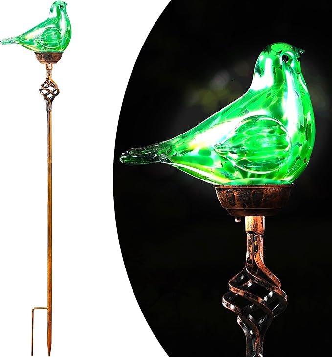 Decorative Solar Lights Outdoor Solar Bird Stake Lights Hand Blown Glass Decorative Garden Pathway Lights Outdoor Waterproof Glass Stakes (Green) - Che Cose Belle