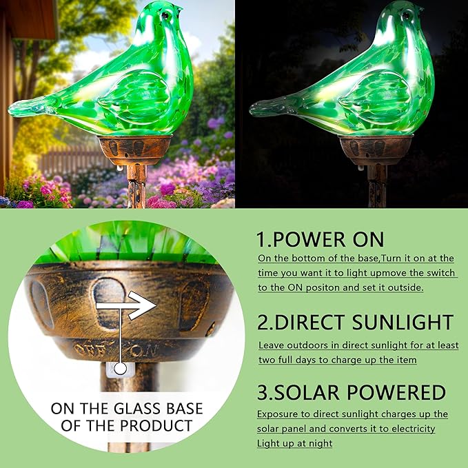 Decorative Solar Lights Outdoor Solar Bird Stake Lights Hand Blown Glass Decorative Garden Pathway Lights Outdoor Waterproof Glass Stakes (Green) - Che Cose Belle
