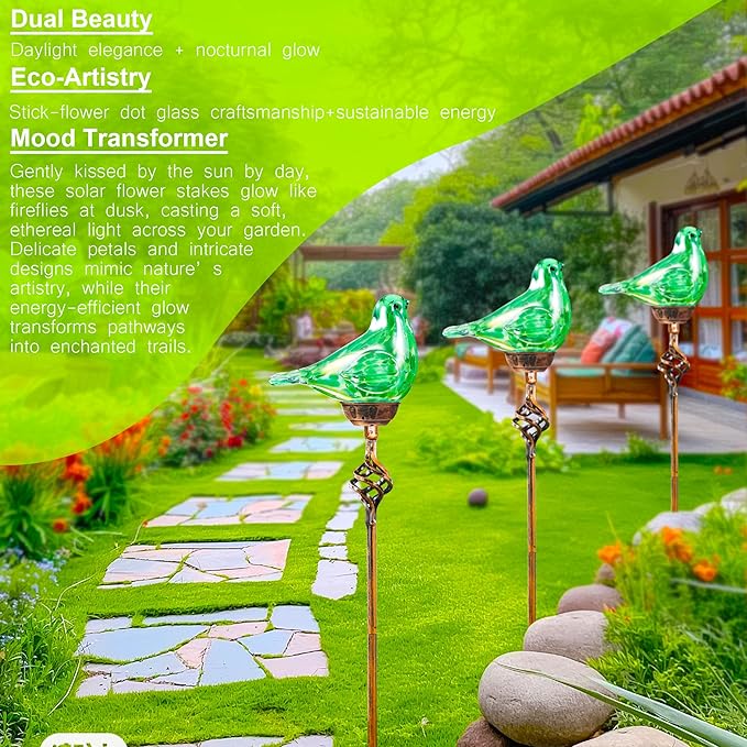 Decorative Solar Lights Outdoor Solar Bird Stake Lights Hand Blown Glass Decorative Garden Pathway Lights Outdoor Waterproof Glass Stakes (Green) - Che Cose Belle