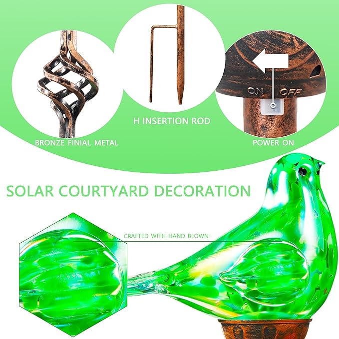 Decorative Solar Lights Outdoor Solar Bird Stake Lights Hand Blown Glass Decorative Garden Pathway Lights Outdoor Waterproof Glass Stakes (Green) - Che Cose Belle