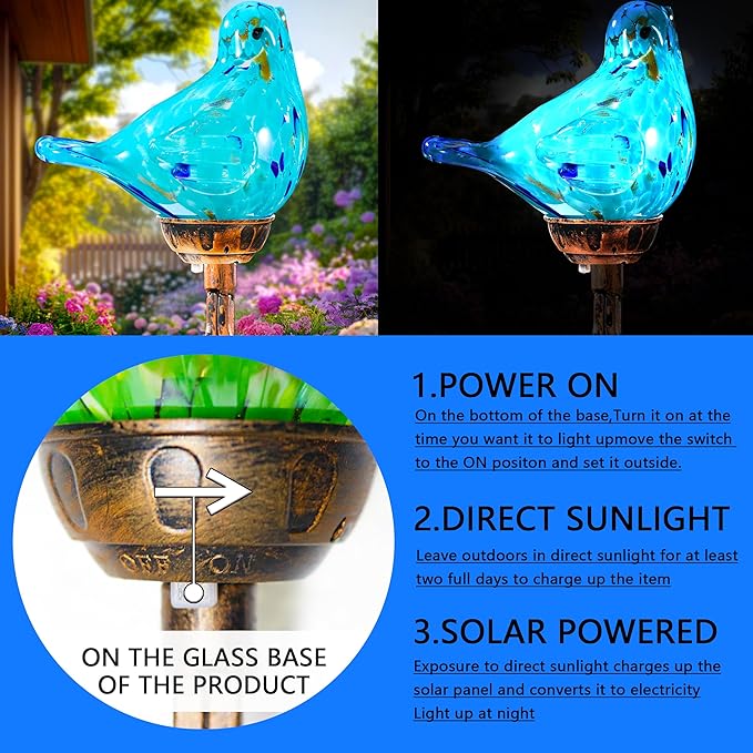 Decorative Solar Lights, Outdoor Solar Bird Stake Lights, Hand Blown Glass Decorative Garden Pathway Lights Outdoor Waterproof Glass Stakes (Light Blue) - Che Cose Belle