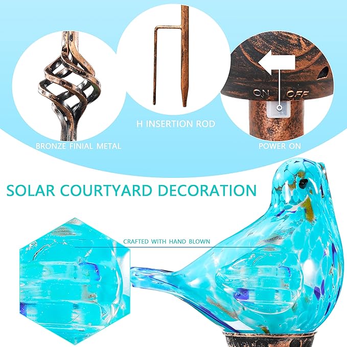 Decorative Solar Lights, Outdoor Solar Bird Stake Lights, Hand Blown Glass Decorative Garden Pathway Lights Outdoor Waterproof Glass Stakes (Light Blue) - Che Cose Belle