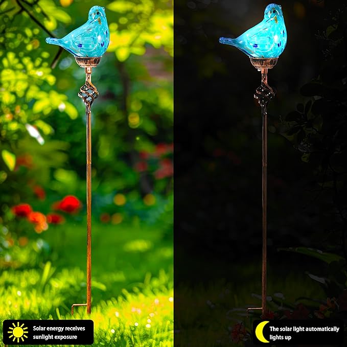 Decorative Solar Lights, Outdoor Solar Bird Stake Lights, Hand Blown Glass Decorative Garden Pathway Lights Outdoor Waterproof Glass Stakes (Light Blue) - Che Cose Belle
