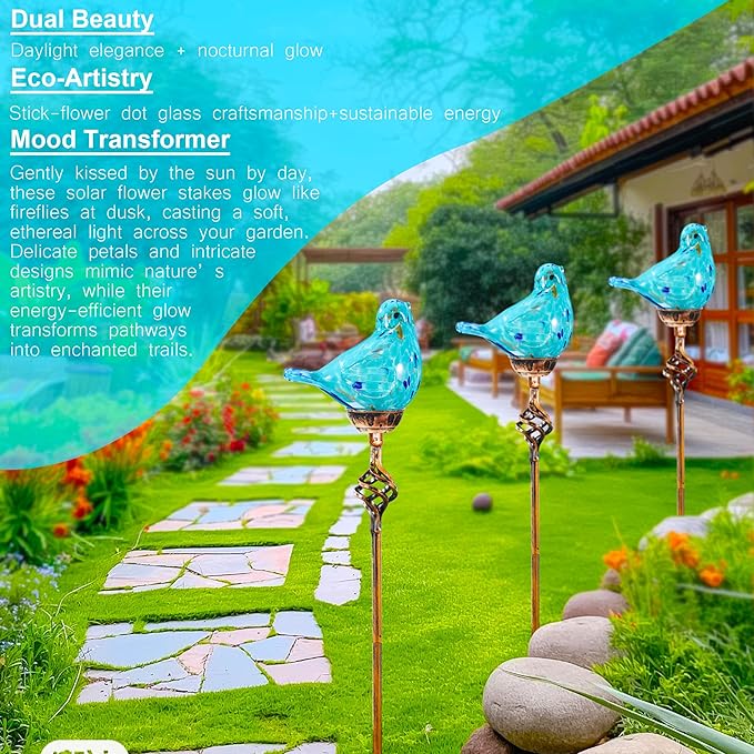 Decorative Solar Lights, Outdoor Solar Bird Stake Lights, Hand Blown Glass Decorative Garden Pathway Lights Outdoor Waterproof Glass Stakes (Light Blue) - Che Cose Belle