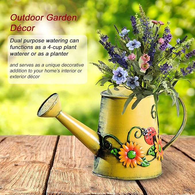 Decorative Sunflower & Ladybug Metal Watering Can (Vol: 4 Cups) | Small Yellow Watering Can | Garden Décor Housewarming Gift for Mother Women Friends Gardeners - Che Cose Belle