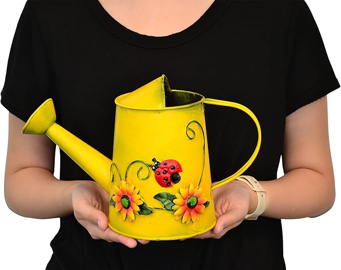 Decorative Sunflower & Ladybug Metal Watering Can (Vol: 4 Cups) | Small Yellow Watering Can | Garden Décor Housewarming Gift for Mother Women Friends Gardeners - Che Cose Belle