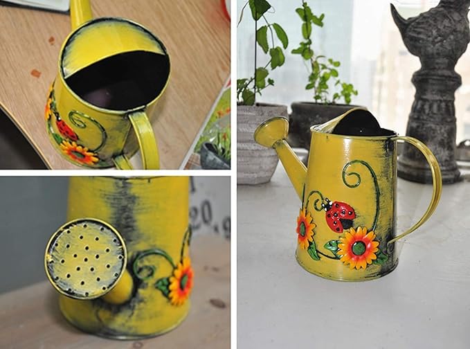 Decorative Sunflower & Ladybug Metal Watering Can (Vol: 4 Cups) | Small Yellow Watering Can | Garden Décor Housewarming Gift for Mother Women Friends Gardeners - Che Cose Belle