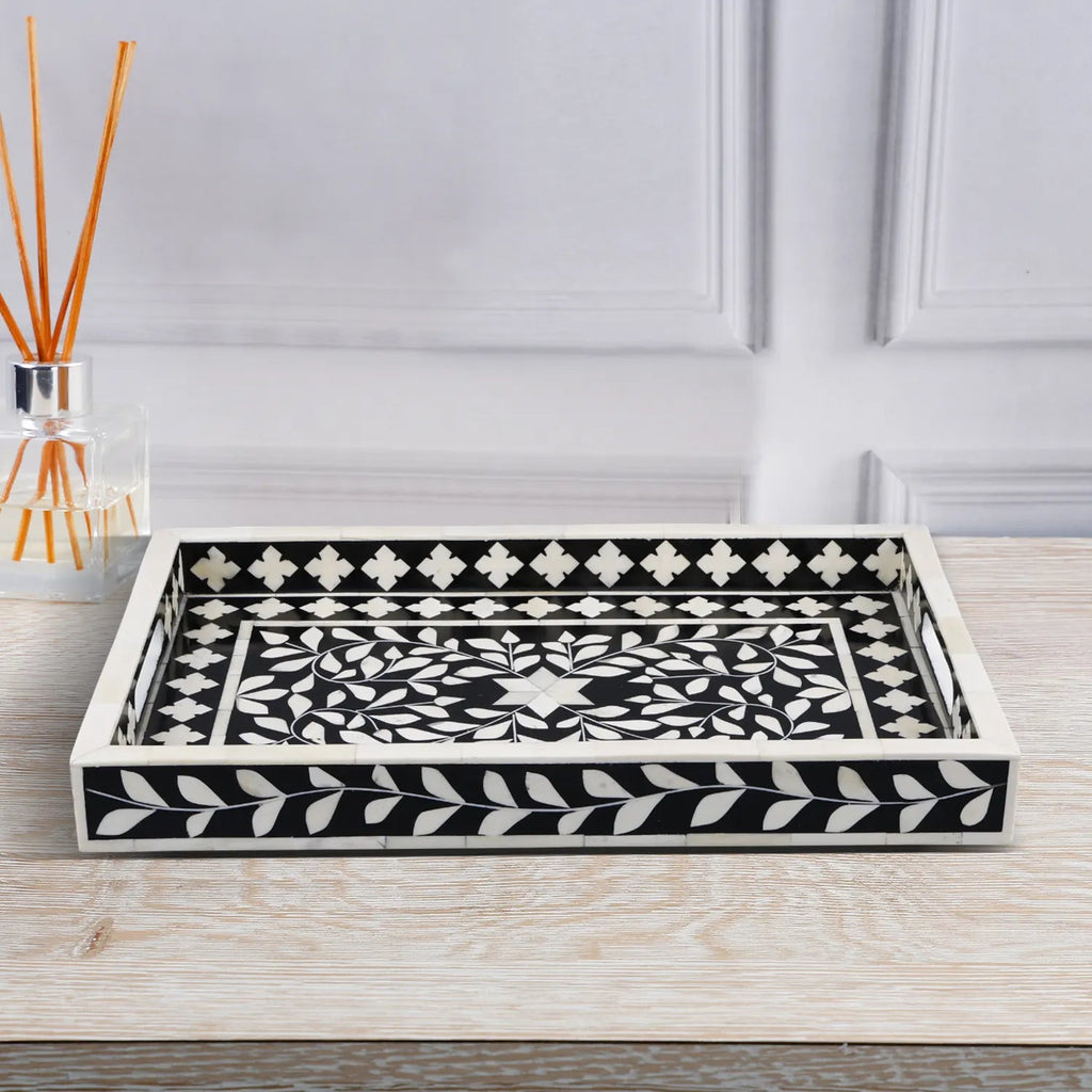 Decorative Tray Alhambra Negra Black White Bone & Resin Inlay – 11" x 17", 12" x 12" - Che Cose Belle
