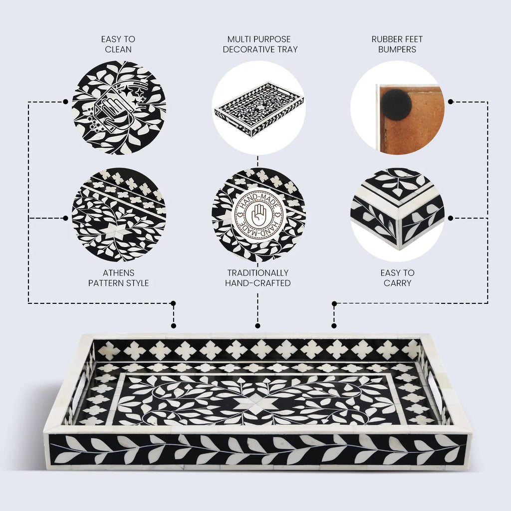 Decorative Tray Alhambra Negra Black White Bone & Resin Inlay – 11" x 17", 12" x 12" - Che Cose Belle