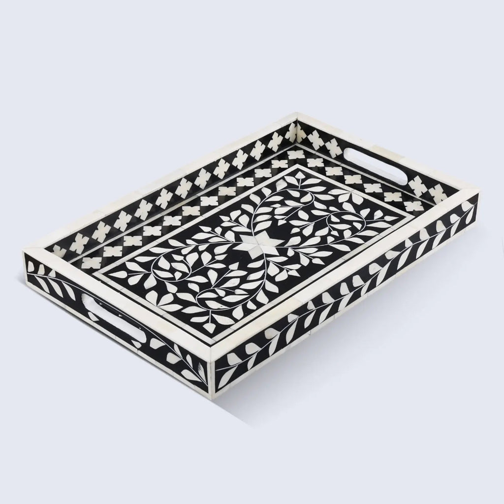 Decorative Tray Alhambra Negra Black White Bone & Resin Inlay – 11" x 17", 12" x 12" - Che Cose Belle