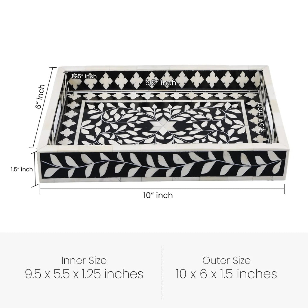 Decorative Tray Alhambra Negra Black White Bone & Resin Inlay – 11" x 17", 12" x 12" - Che Cose Belle