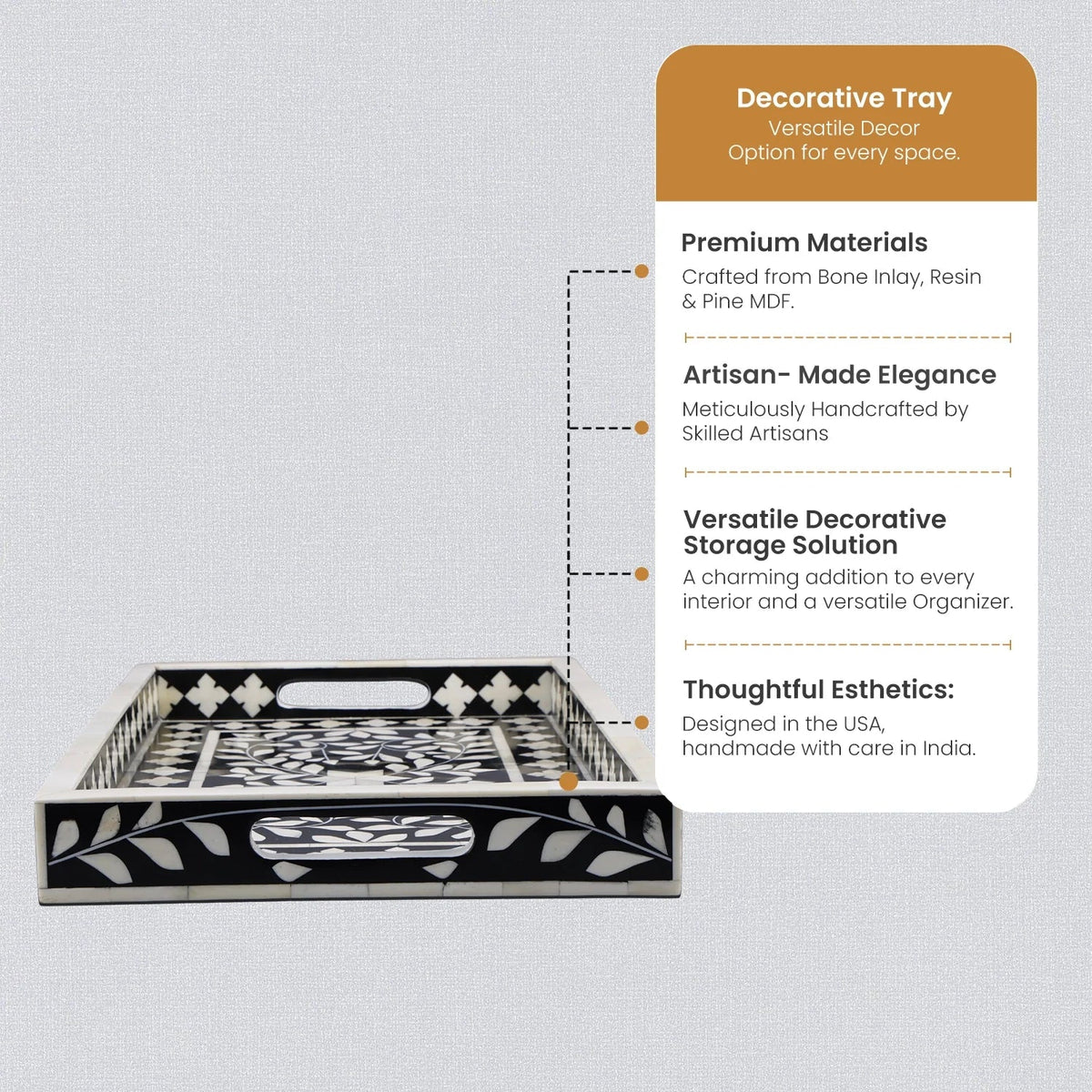 Decorative Tray Alhambra Negra Black White Bone & Resin Inlay – 11" x 17", 12" x 12" - Che Cose Belle