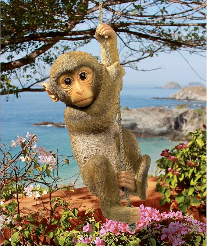 Design Toscano Chico the Chimpanzee Baby Monkey Hanging Indoor/Outdoor Animal Statue, 16 Inch Long, Cast Stone Resin, Brown Painted Finish - Che Cose Belle