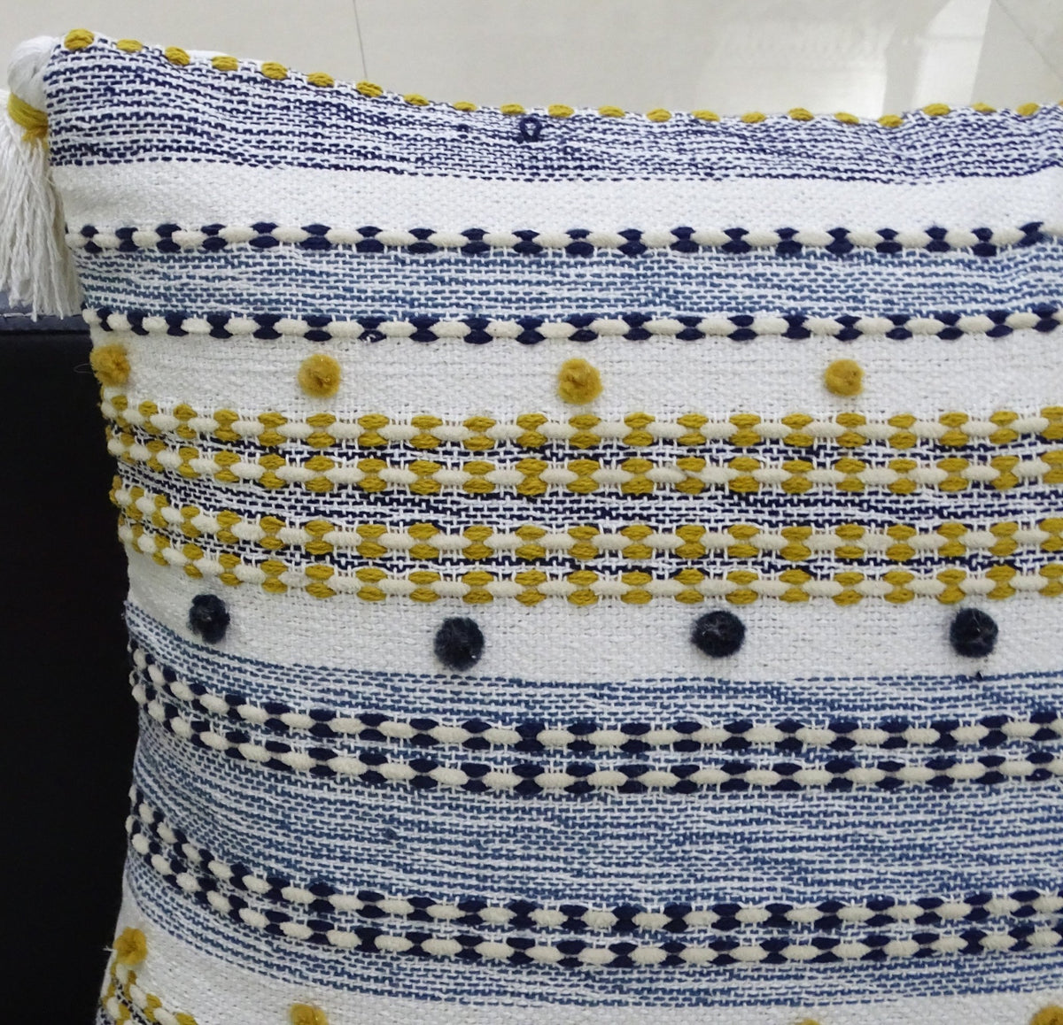 Designer Striped Pillow with Mini Poms and Tassels 20"x20" - Che Cose Belle