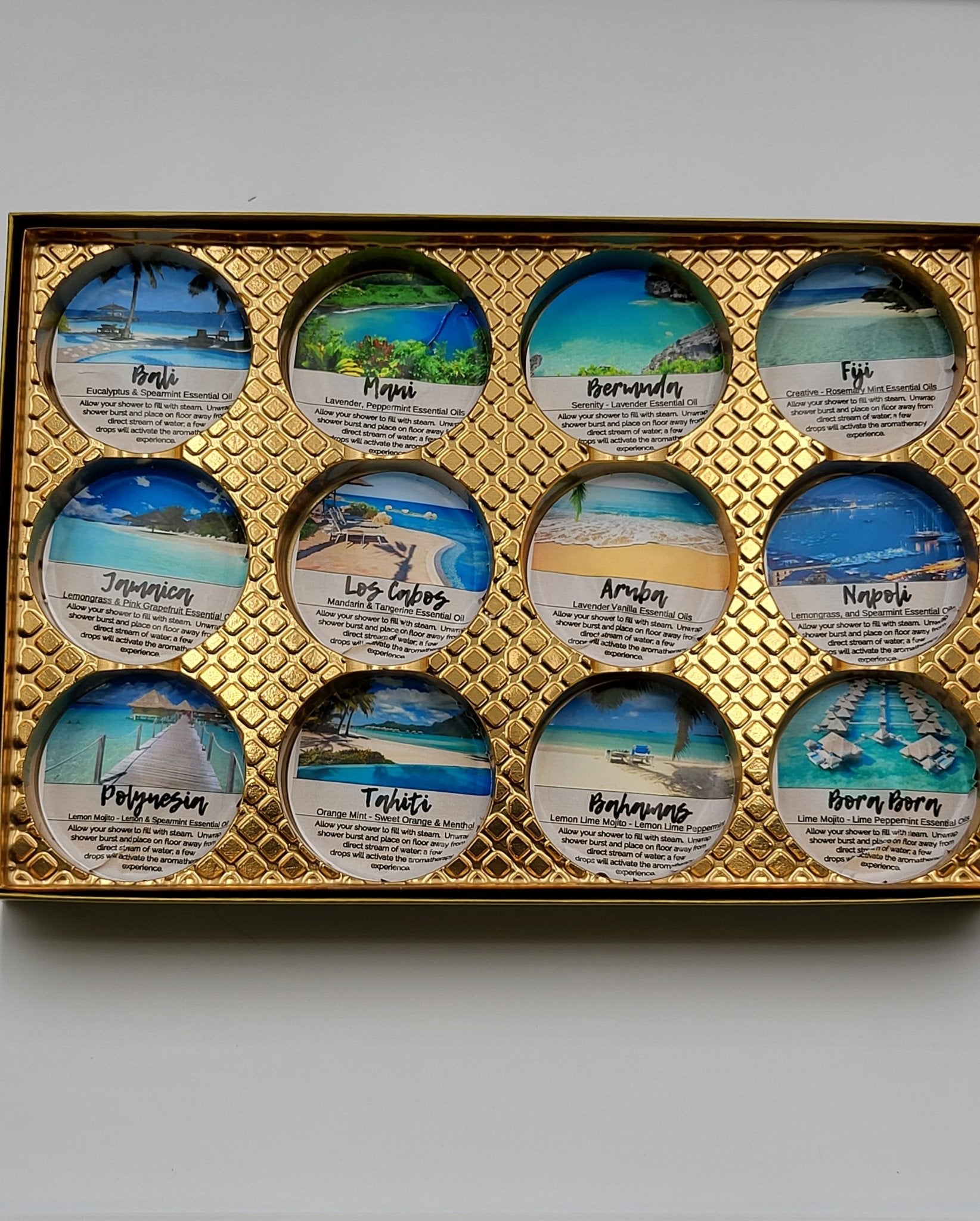 Destination Shower Steamers Gift Set with 12 Aromatherapy Shower Bombs - 100% Essential Oil Blends - fun - summery scents - Che Cose Belle