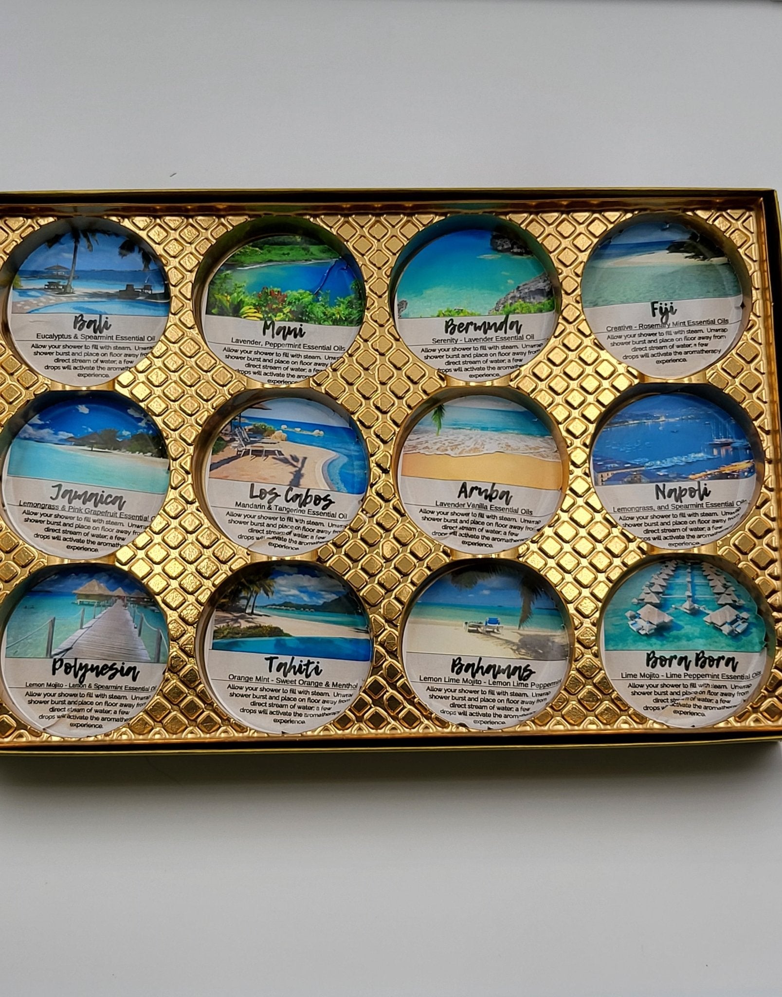 Destination Shower Steamers Gift Set with 12 Aromatherapy Shower Bombs - 100% Essential Oil Blends - fun - summery scents - Che Cose Belle