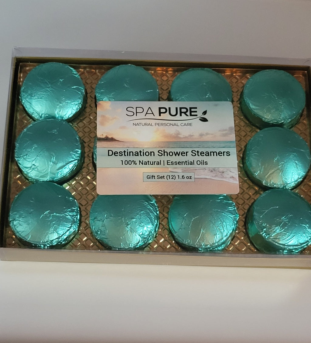 Destination Shower Steamers Gift Set with 12 Aromatherapy Shower Bombs - 100% Essential Oil Blends - fun - summery scents - Che Cose Belle