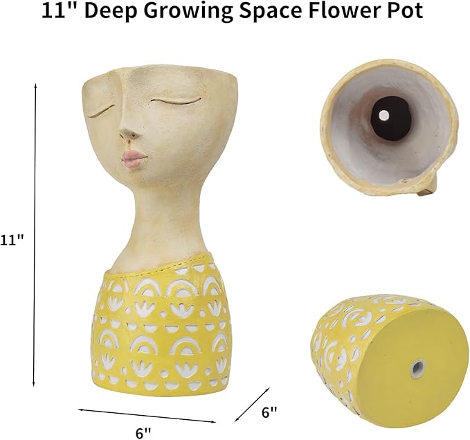 DiliComing Face Planter - Pots for Indoor Plants - 11 Inch Tall Planters for Flowers Head Planter with Drainage for Patio Yard Garden Succulent Pots Garden Décor 6 x 6 x 11 Inch - Che Cose Belle