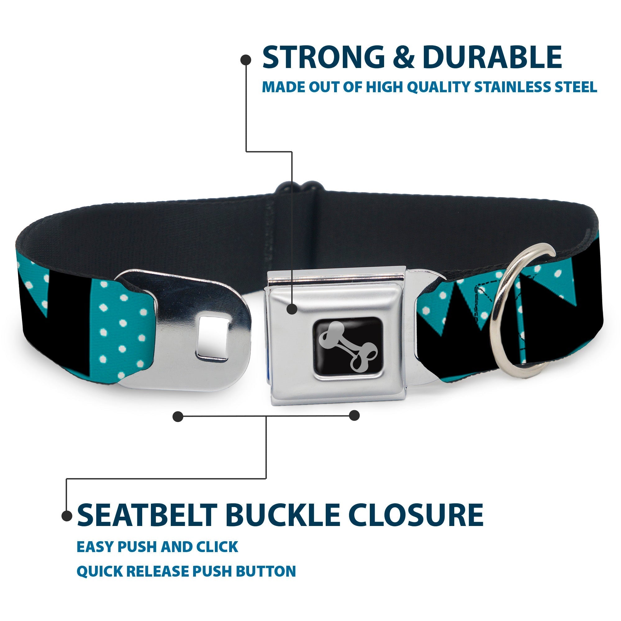 Dog Bone Seatbelt Buckle Collar - BUCKLE - DOWN Shapes Dot Turquoise/White/Black - Che Cose Belle