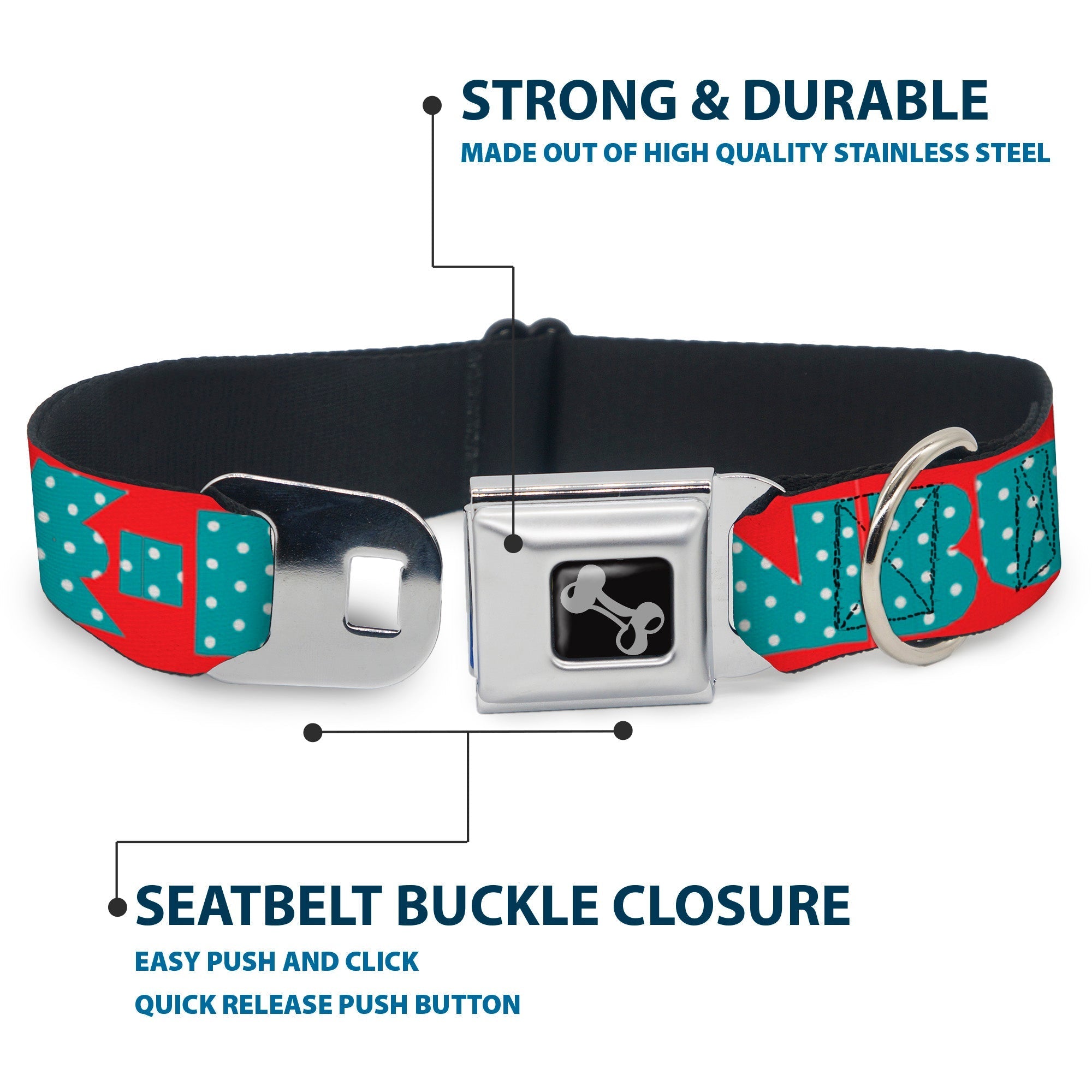 Dog Bone Seatbelt Buckle Collar - BUCKLE - DOWN Shapes Red/Dot Turquoise/White - Che Cose Belle