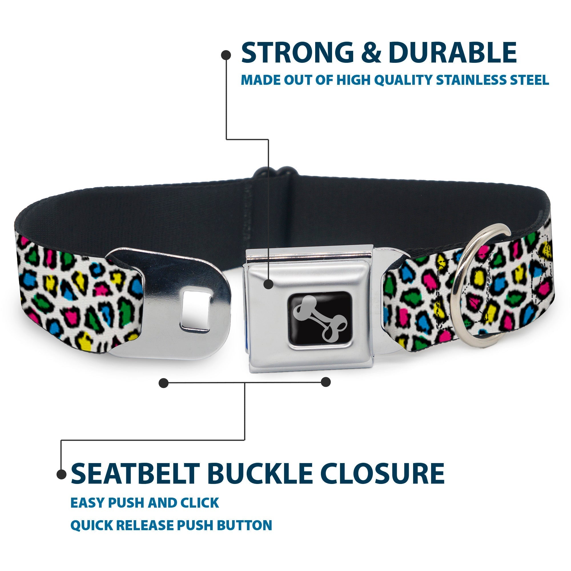 Dog Bone Seatbelt Buckle Collar - Leopard White/Multi Color - Che Cose Belle
